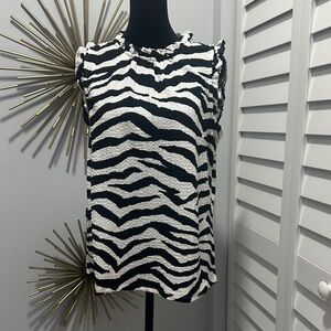 LOFT Black & White Zebra Ruffle Neck Sleeveless Top